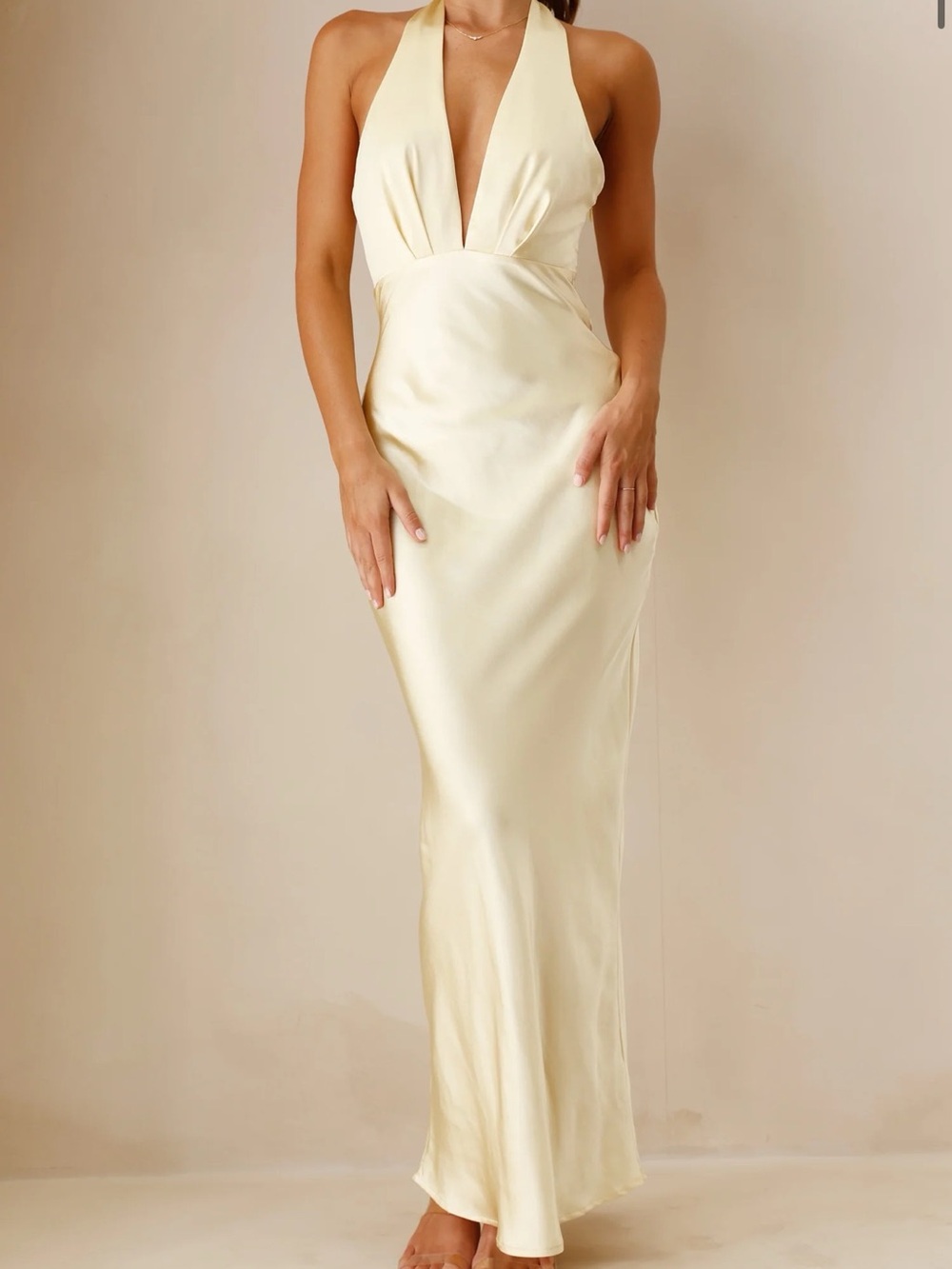 CHLOE Light Yellow Halter Satin Maxi Dress - Billy J